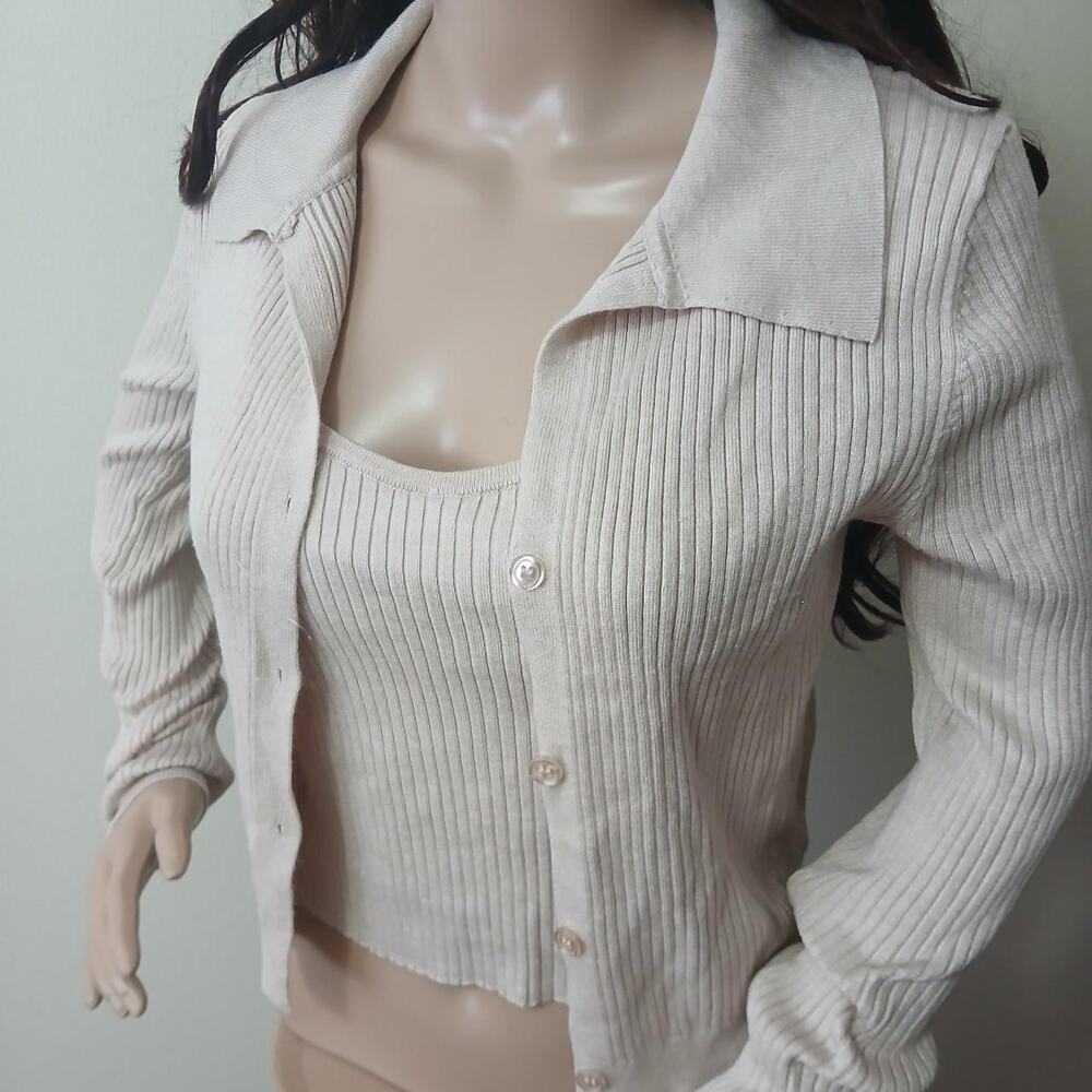 Cream ribbed long sleeve cropped sweater‎ set - Picture 4 of 7